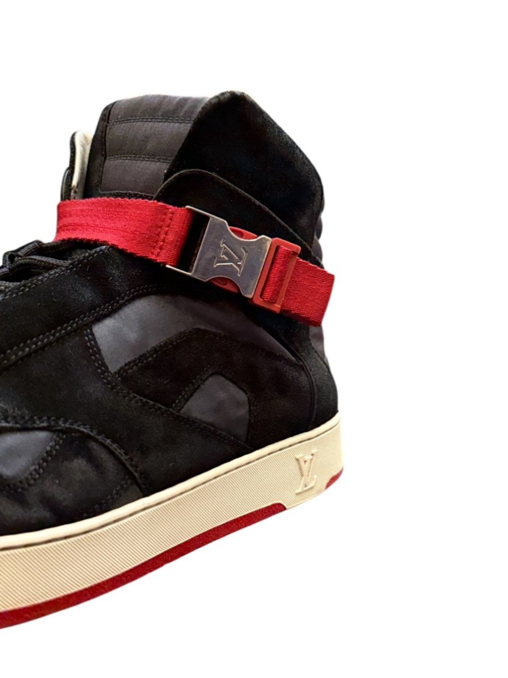 LOUIS VUITTON - BLACK RED GRAY WHITE NYLON SUEDE “SLIPSTREAM” HIGH TOP SNEAKERS - Picture 11 of 15